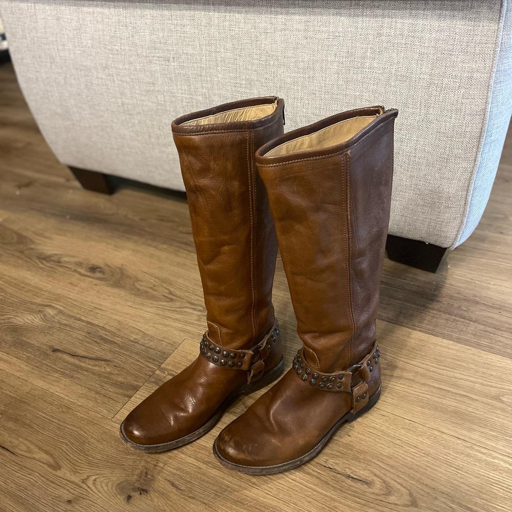 Frye Brown Leather Knee-High Philip Tall Harness Boots with Studded Straps